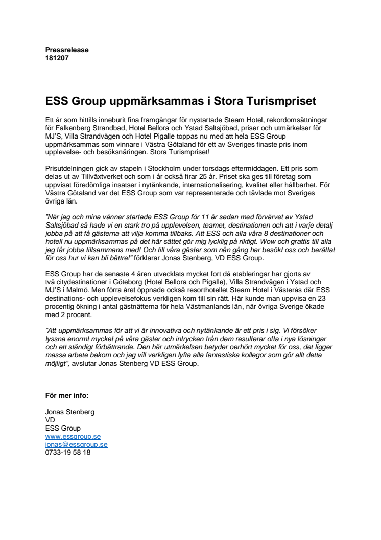 ESS Group uppmärksammas i Stora Turismpriset