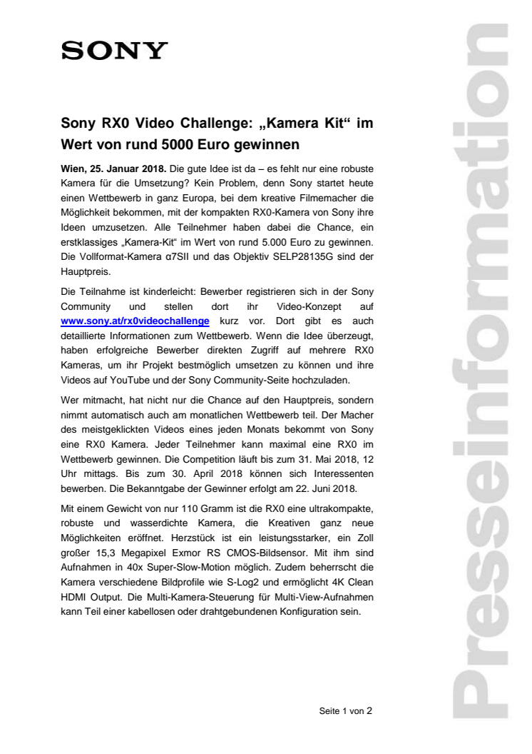 Sony RX0 Video Challenge: „Kamera Kit“ im Wert von rund 5000 Euro gewinnen