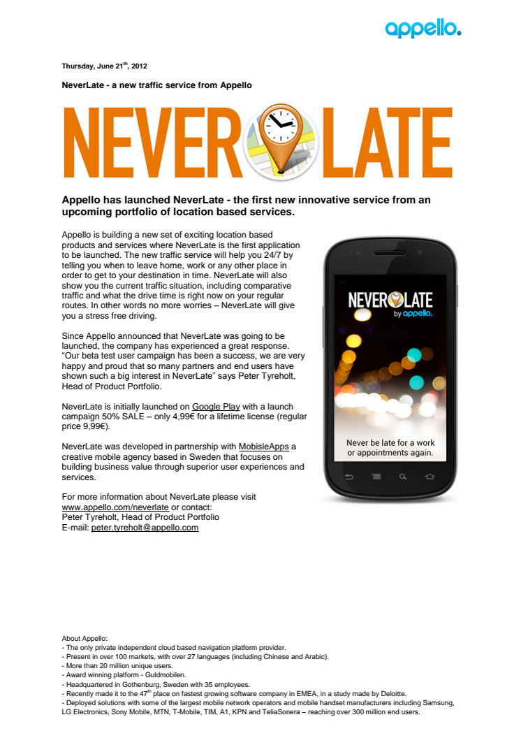 NeverLate - a new traffic service from Appello	