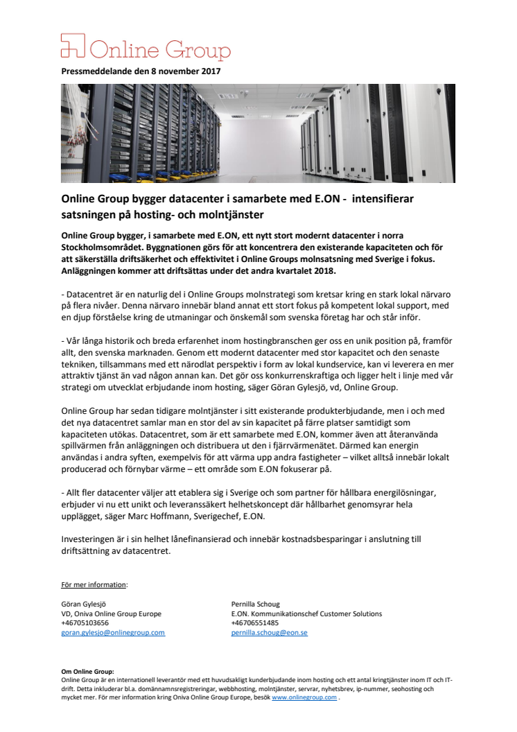 Online Group bygger datacenter i samarbete med E.ON -  intensifierar satsningen på hosting- och molntjänster.