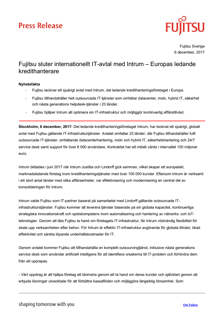 Fujitsu sluter internationellt IT-avtal med Intrum - Europas ledande kredithanterare 