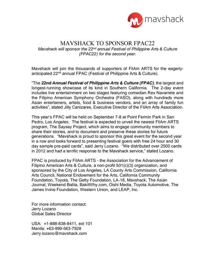 Mavshack will sponsor the 22nd annual Festival of Philippine Arts & Culture (FPAC22) for the second year.