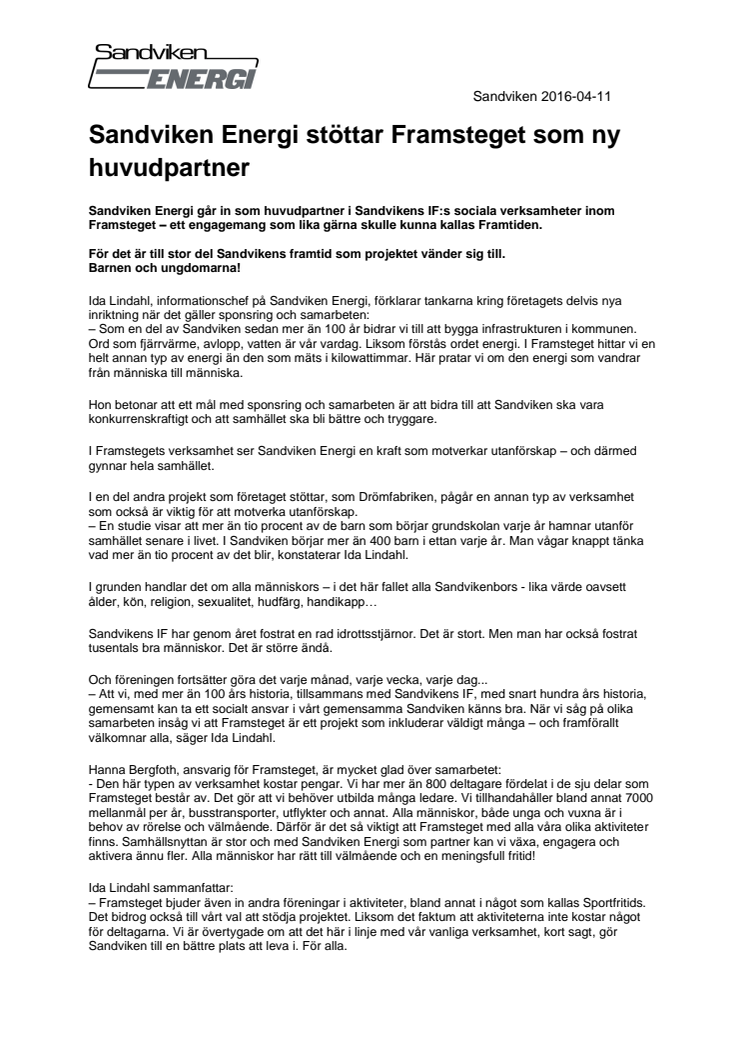 Sandviken Energi stöttar Framsteget som ny huvudpartner