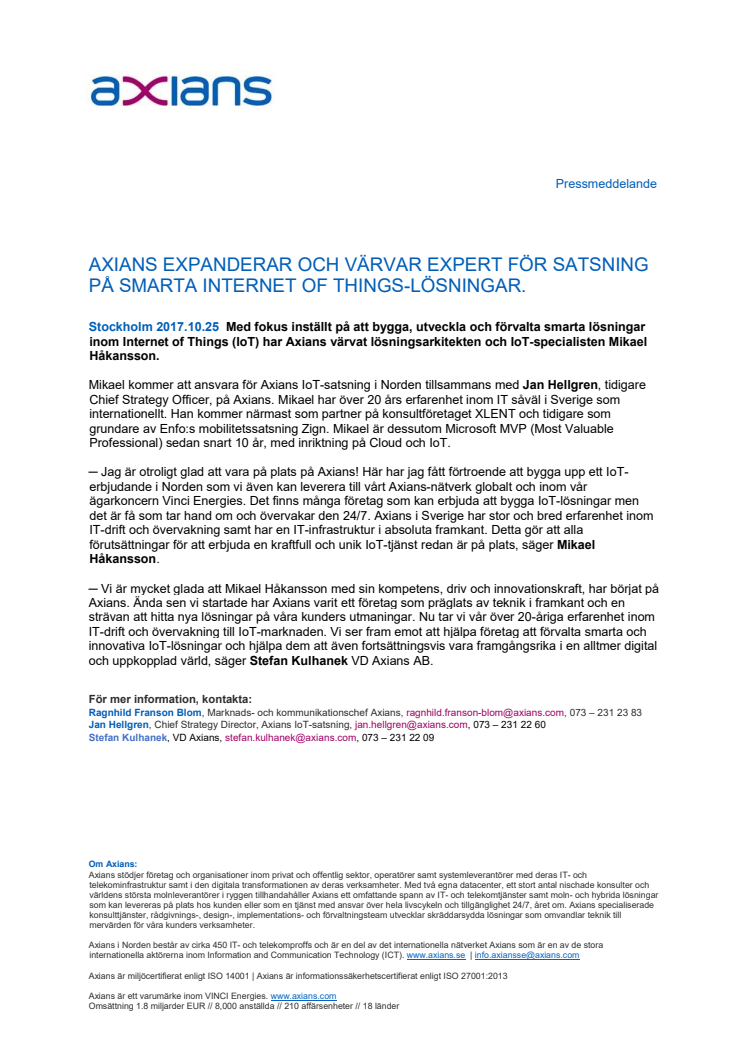 AXIANS EXPANDERAR OCH VÄRVAR EXPERT FÖR SATSNING  PÅ SMARTA INTERNET OF THINGS-LÖSNINGAR