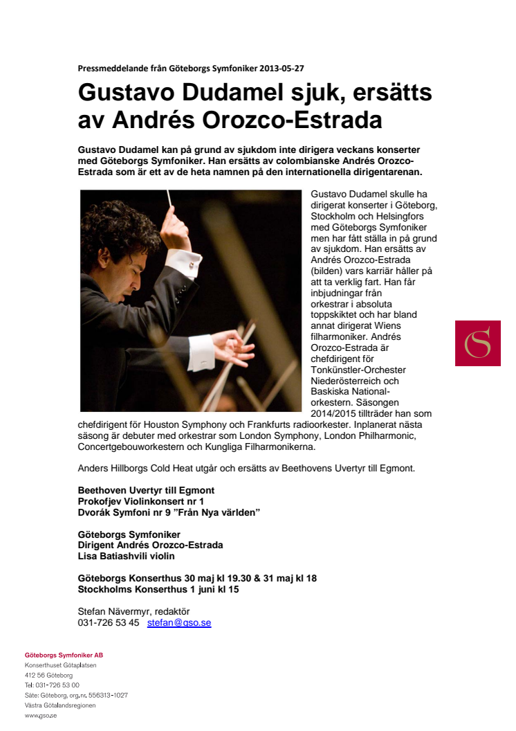 Gustavo Dudamel sjuk, ersätts av Andrés Orozco-Estrada