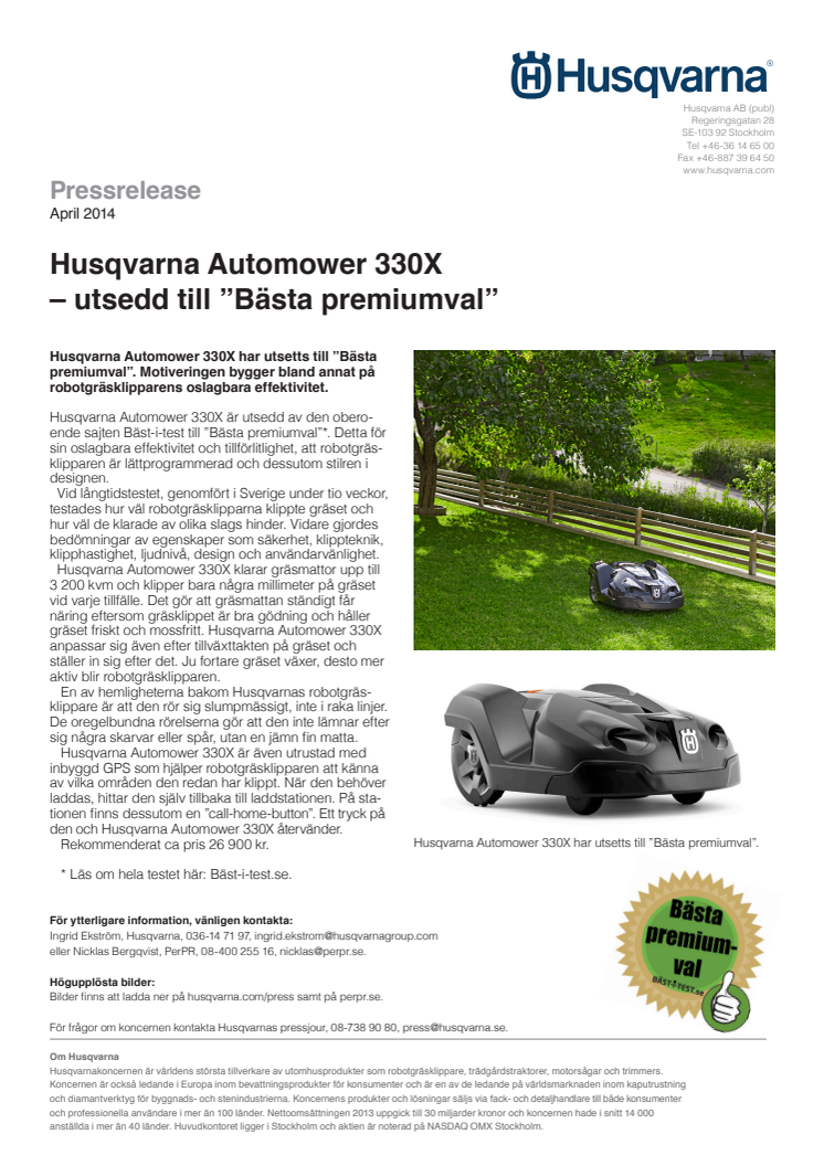 Husqvarna Automower 330X – utsedd till ”Bästa premiumval”