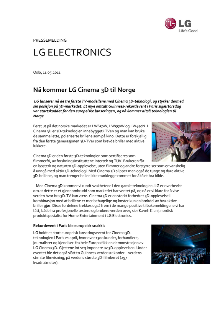 Nå kommer LG Cinema 3D til Norge