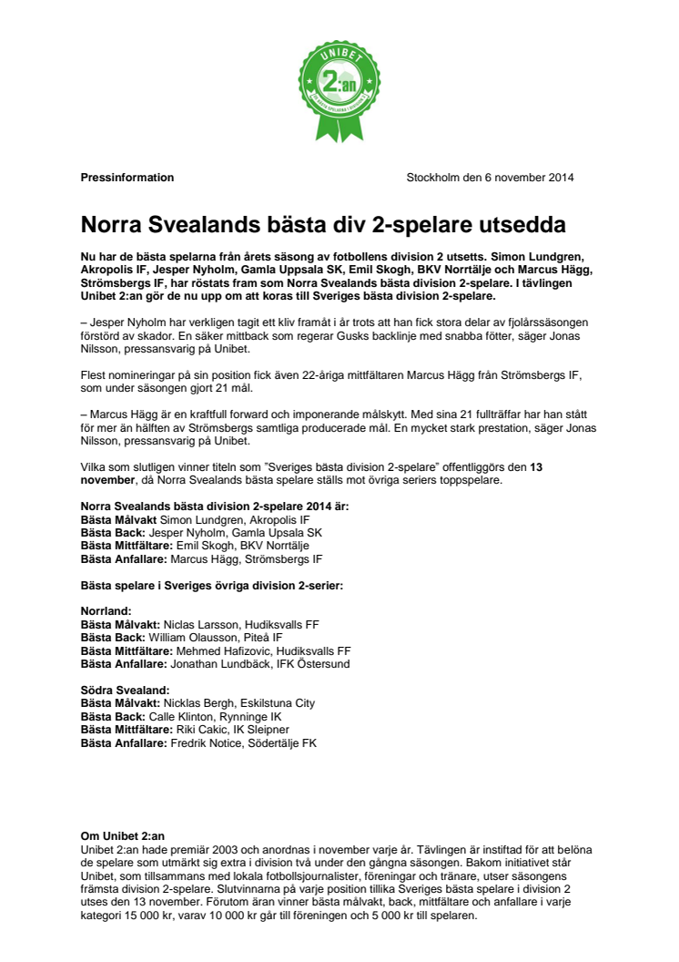 Norra Svealands bästa div 2-spelare utsedda