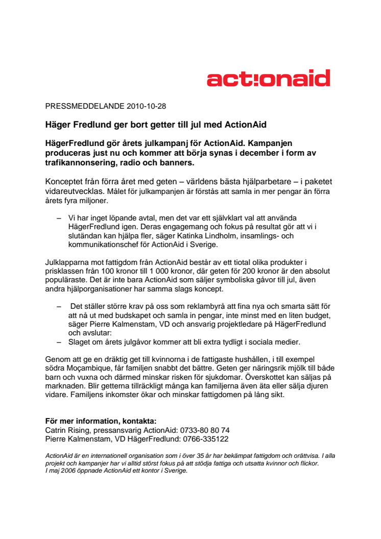ActionAid firar jul med HägerFredlund