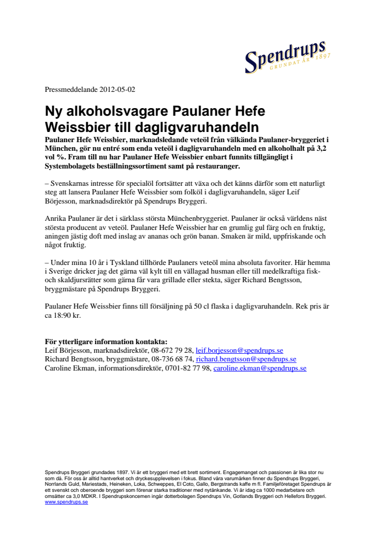 Ny alkoholsvagare Paulaner Hefe Weissbier till dagligvaruhandeln