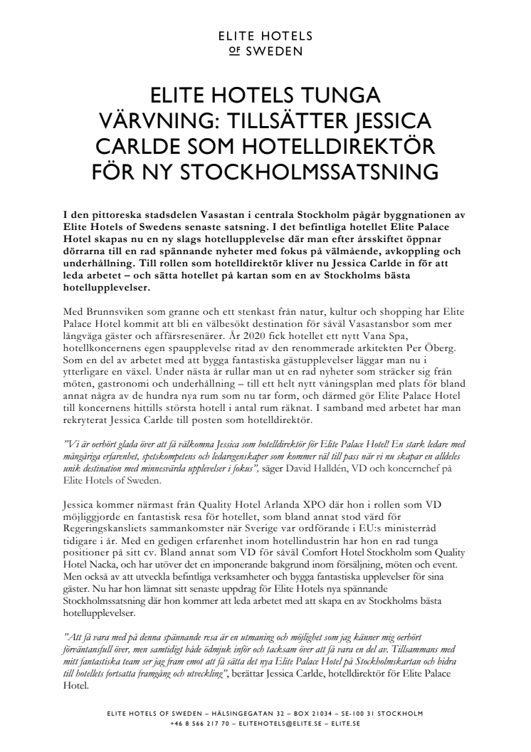 Elite Hotels tunga värvning - tillsätter Jessica Carlde som hotelldirektör för ny Stockholmssatsning_Pressmeddelande.pdf
