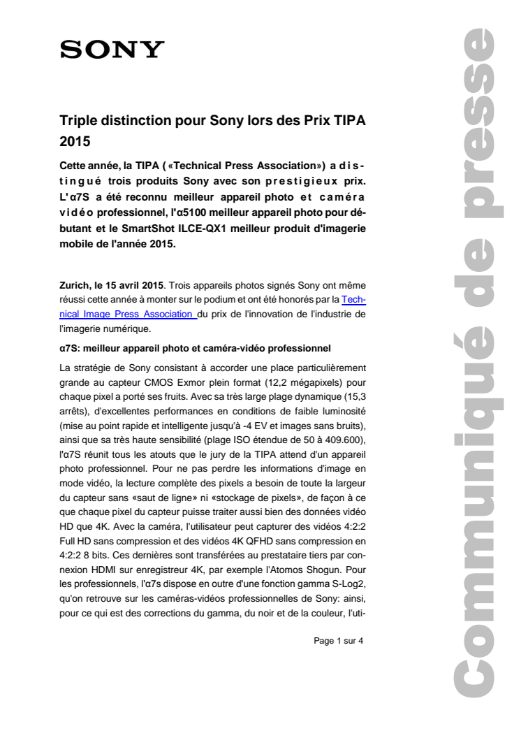 Communiqué de presse_Sony_TIPA Awards 2015_150415_F-CH