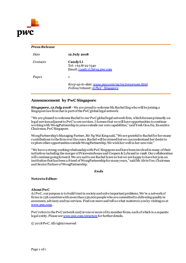 ​Announcement by PwC Singapore
