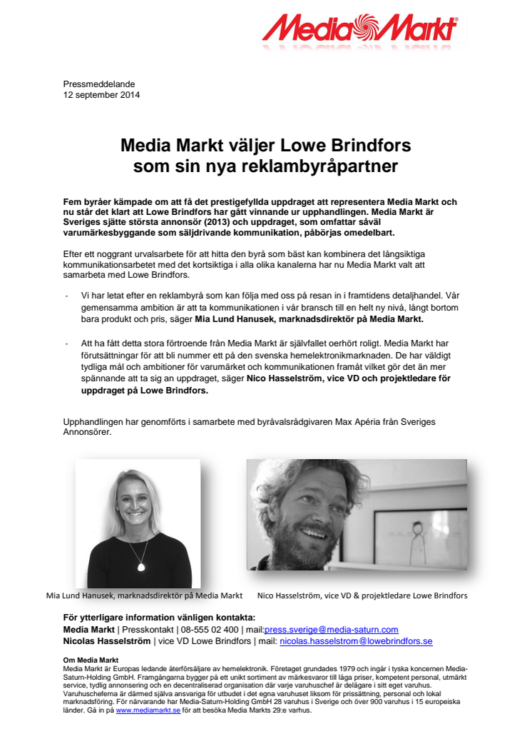 Media Markt väljer Lowe Brindfors som sin nya reklambyråpartner