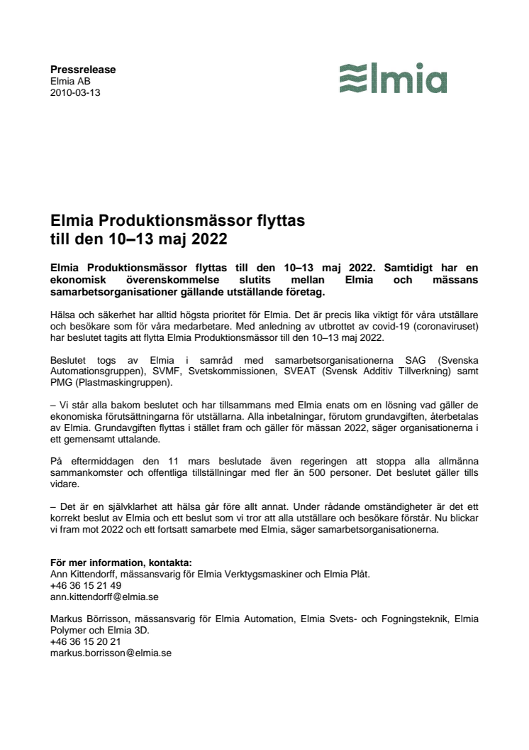 Elmia Produktionsmässor flyttas till den 10–13 maj 2022