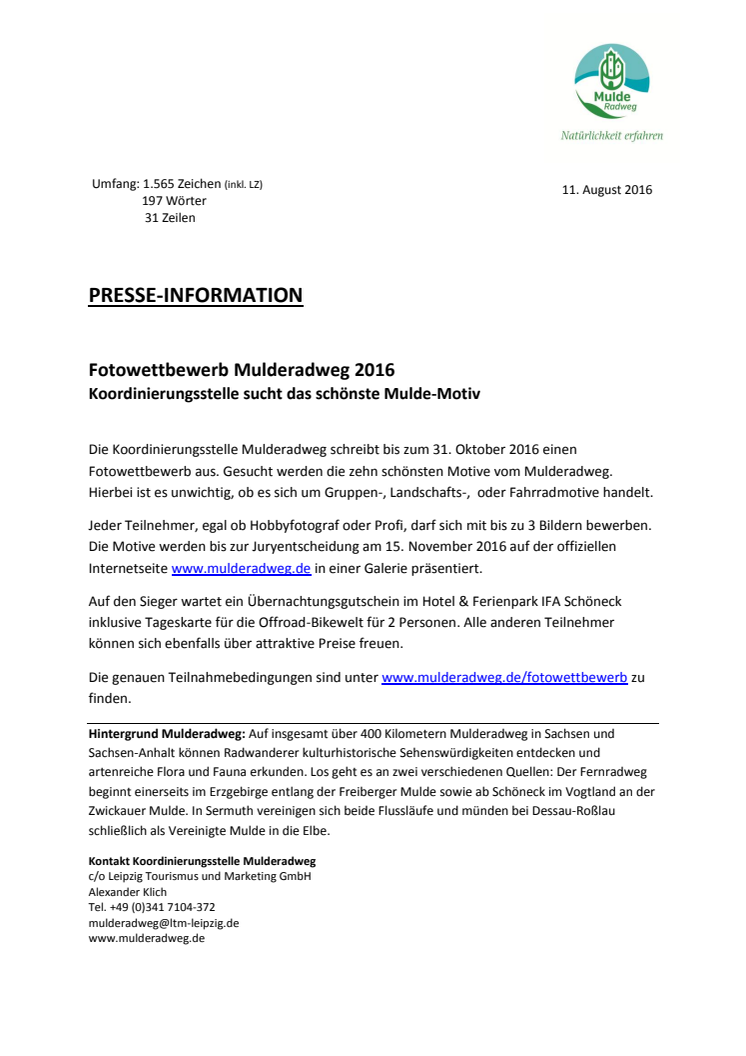 Pressemitteilung zum Fotowettbewerb Mulderadweg