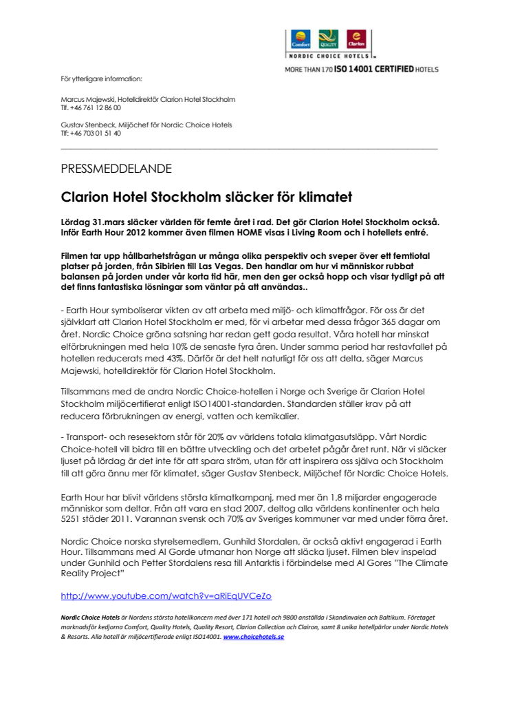 Clarion Hotel Stockholm släcker för klimatet