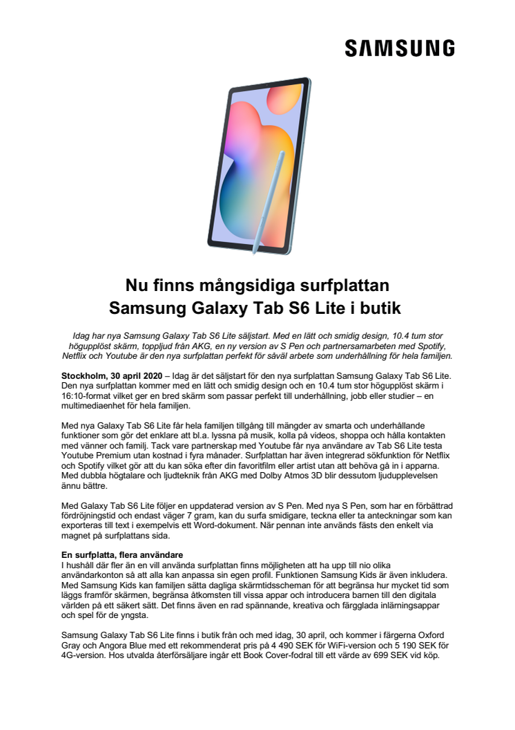 Nu finns mångsidiga surfplattan Samsung Galaxy Tab S6 Lite i butik 