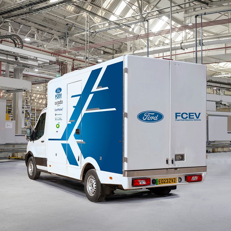 Hydrogen fuel cell Ford E-Transit rear at Dagenham