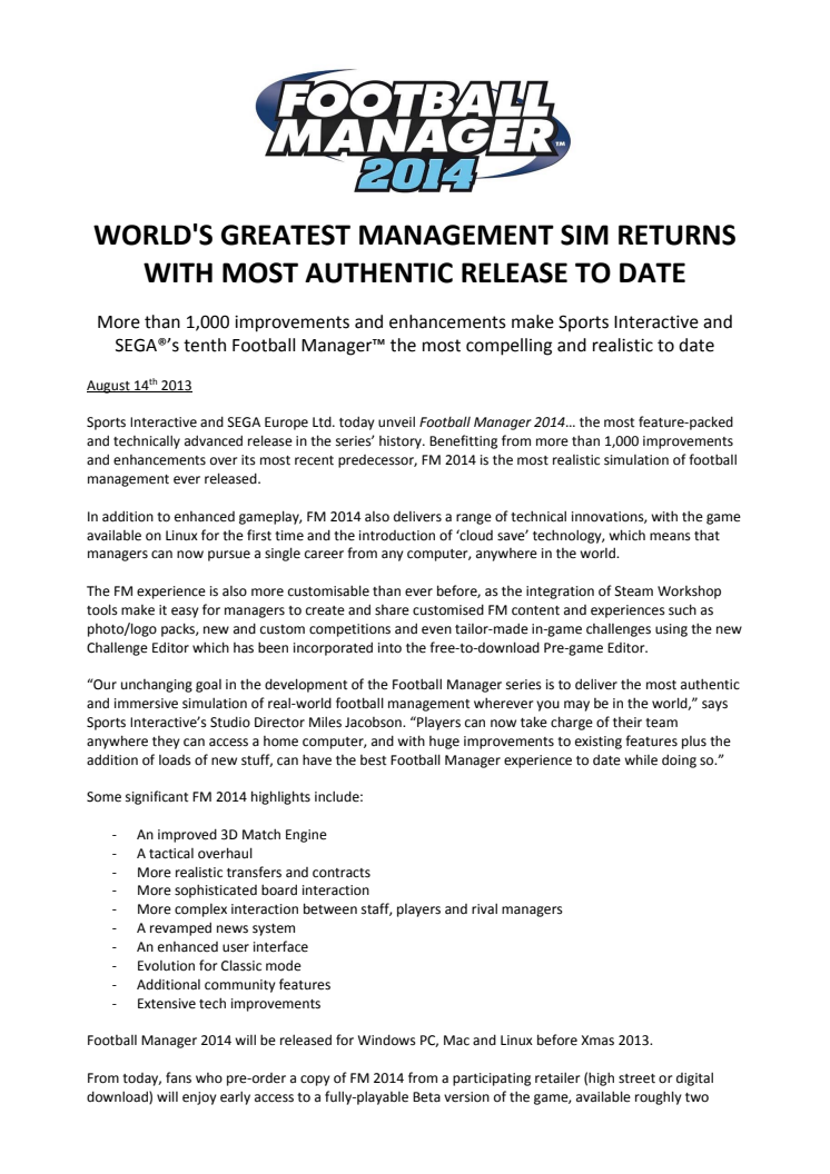 WORLD'S GREATEST MANAGEMENT SIM RETURNS WITH MOST AUTHENTIC RELEASE TO DATE 