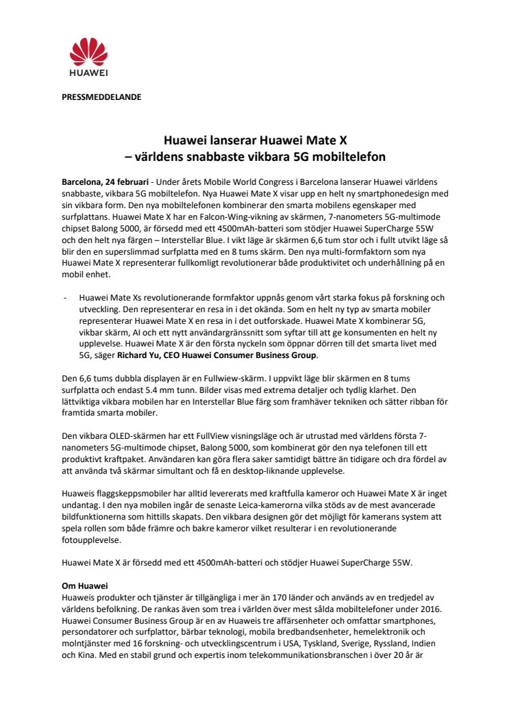 Huawei lanserar Huawei Mate X  – världens snabbaste vikbara 5G mobiltelefon 