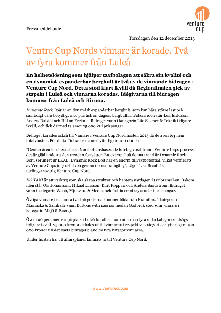 Venture Cup Nords vinnare är korade. Två av fyra kommer från Luleå