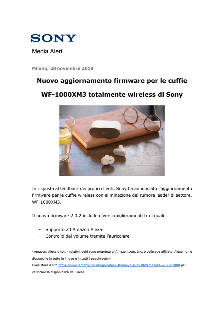 Nuovo aggiornamento firmware per le cuffie WF-1000XM3 totalmente wireless di Sony