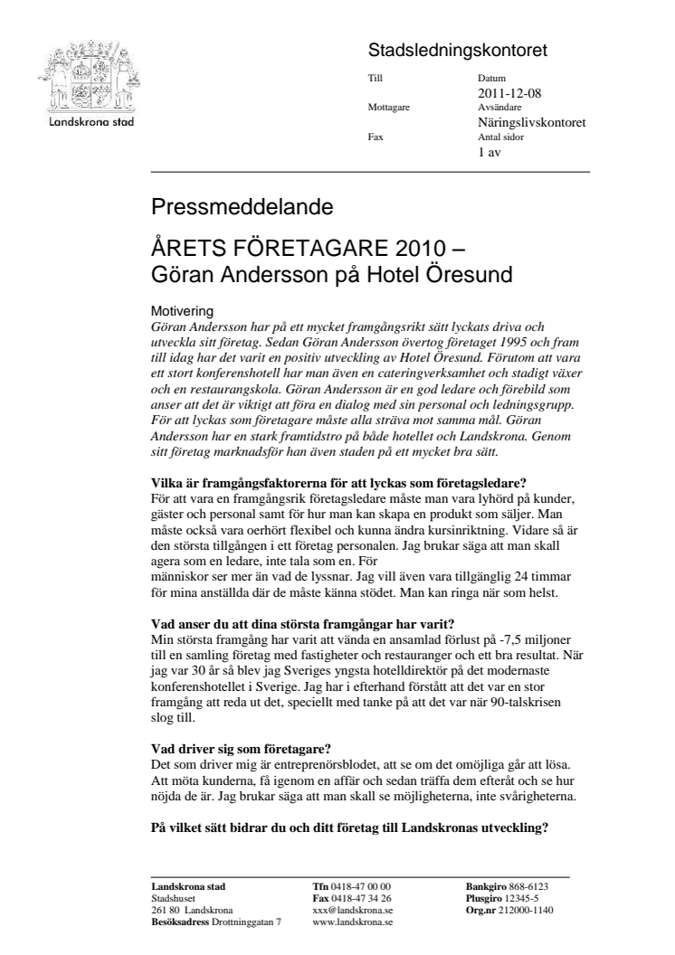 ÅRETS FÖRETAGARE 2010 – Göran Andersson på Hotel Öresund