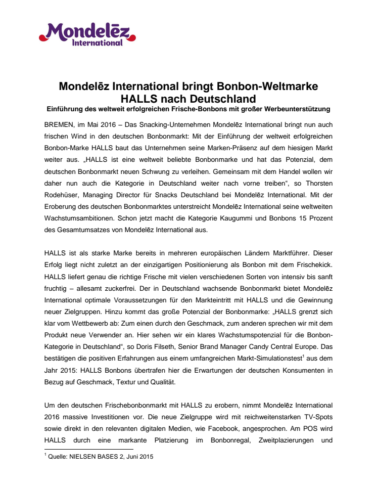 Mondelēz International bringt Bonbon-Weltmarke HALLS nach Deutschland