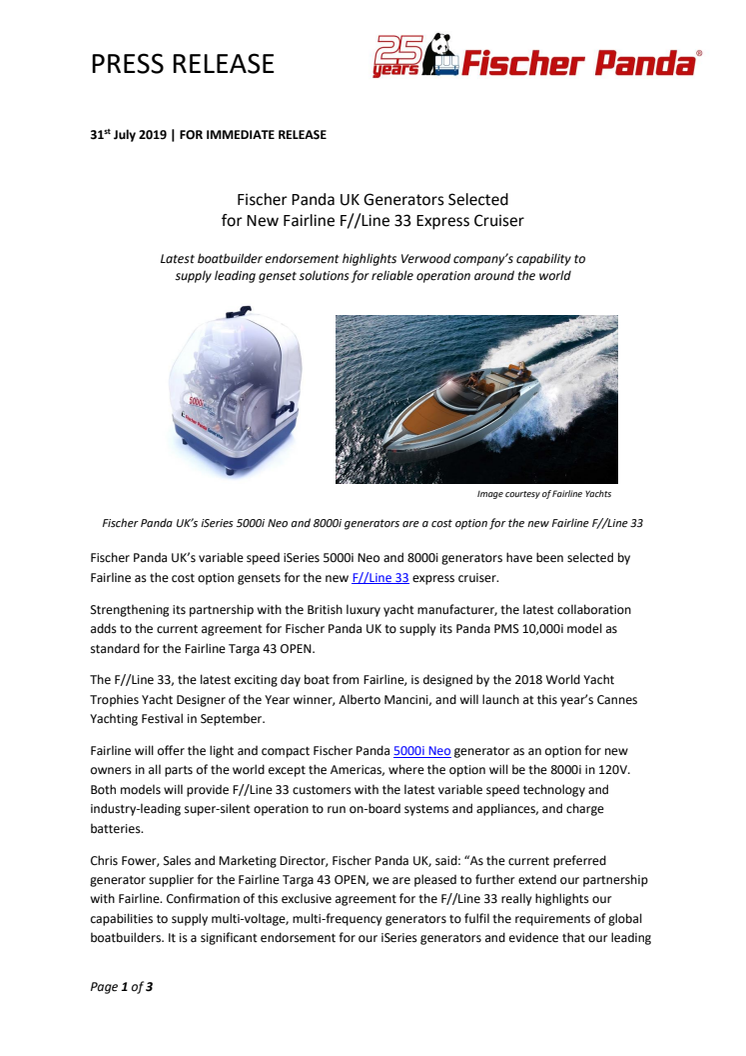 Fischer Panda UK Generators Selected for New Fairline F//Line 33 Express Cruiser