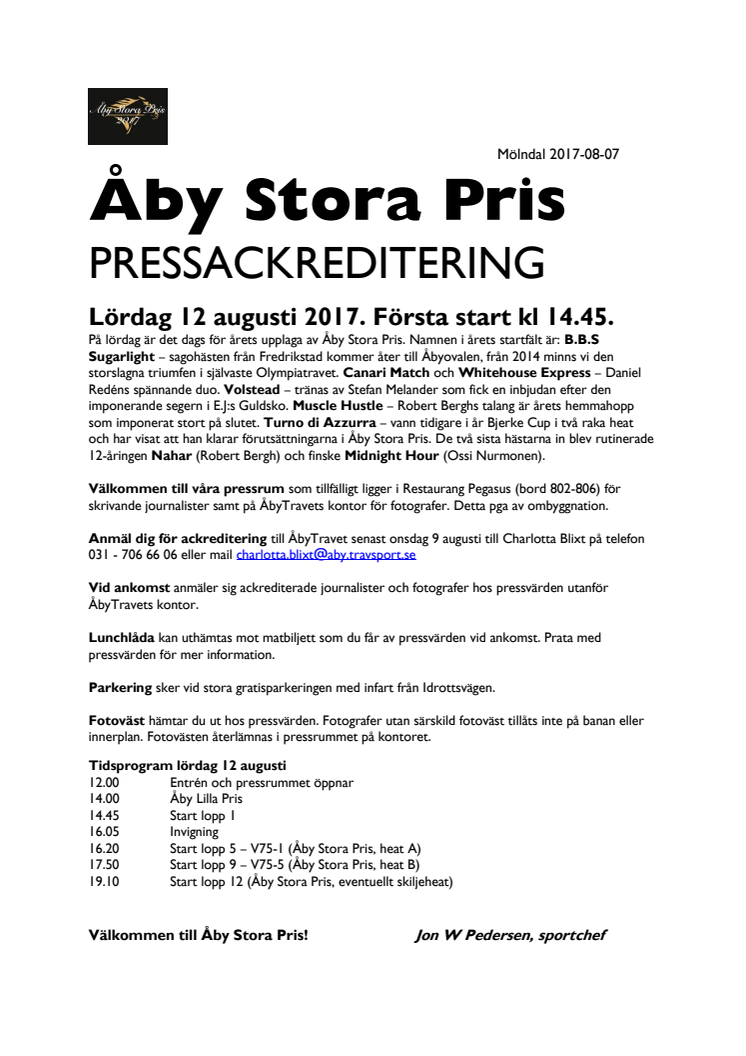 Pressackreditering Åby Stora Pris 2017