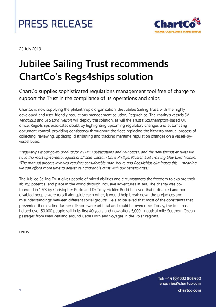 Jubilee Sailing Trust recommends ChartCo’s Regs4ships solution 