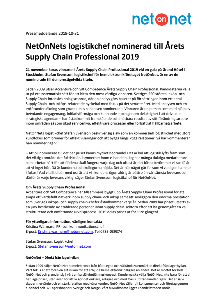 NetOnNets logistikchef nominerad till Årets Supply Chain Professional 2019