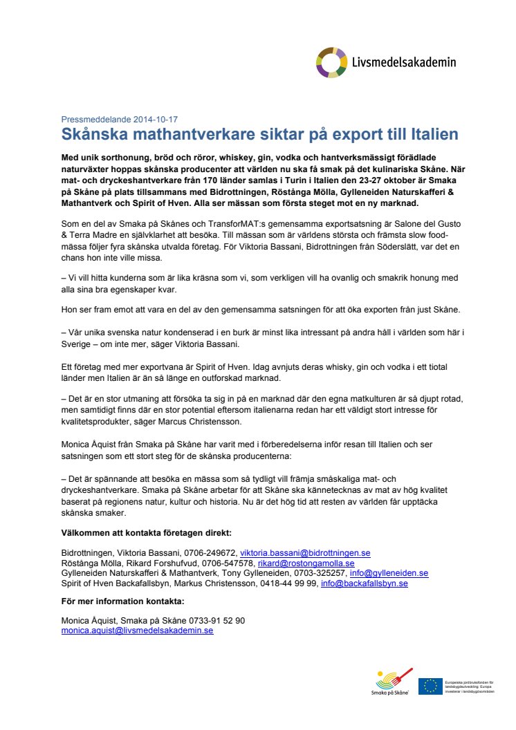 Skånska mathantverkare siktar på export till Italien