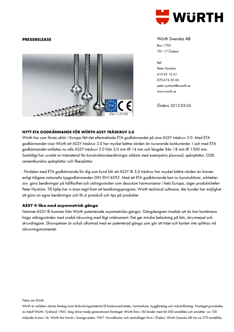 Nytt ETA-godkännande för Würth ASSY träskruv 3.0