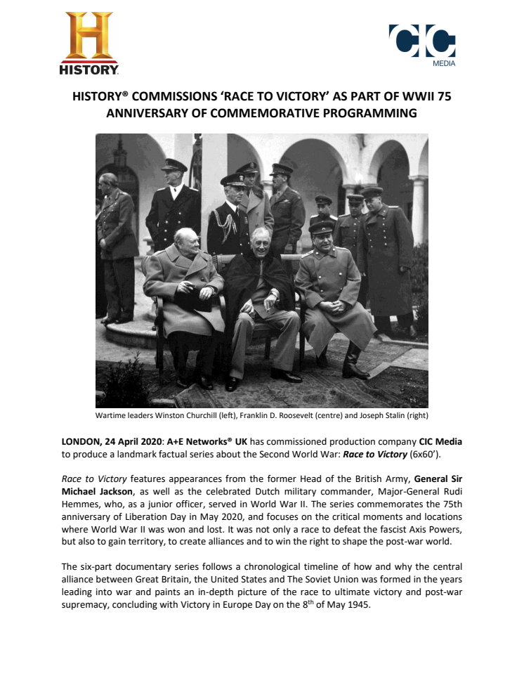 HISTORY® COMMISSIONS ‘RACE TO VICTORY’ AS PART OF WWII 75 ANNIVERSARY OF COMMEMORATIVE PROGRAMMING 