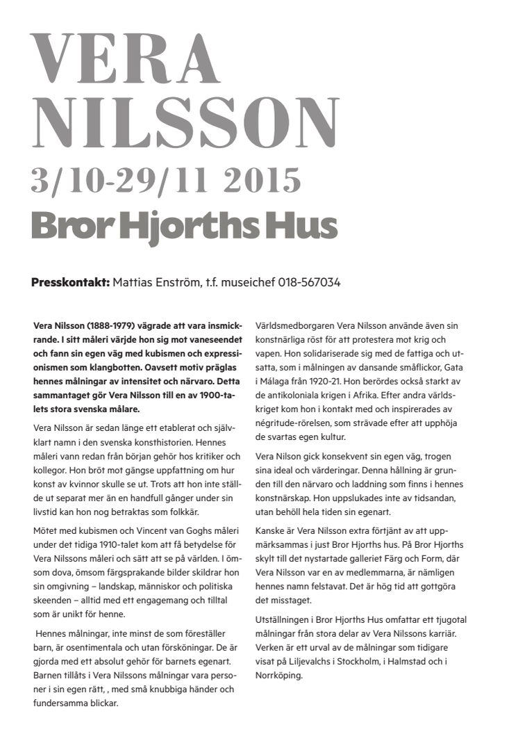 Pressmeddelande Vera Nilsson på Bror Hjorths Hus