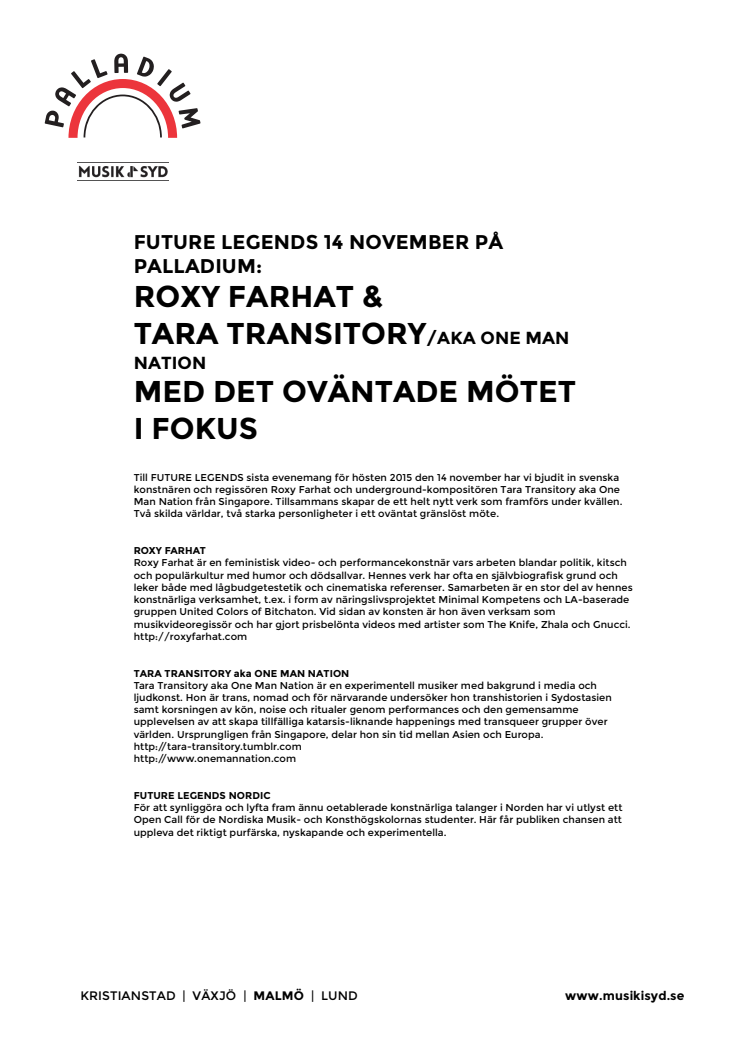 Future Legends 14 november på Palladium: Roxy Farhat & Tara Transitory Med det oväntade mötet i fokus