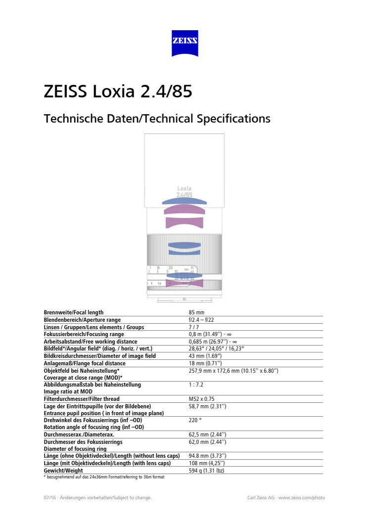 Zeiss Loxia 85mm F/2,4, specifikationer