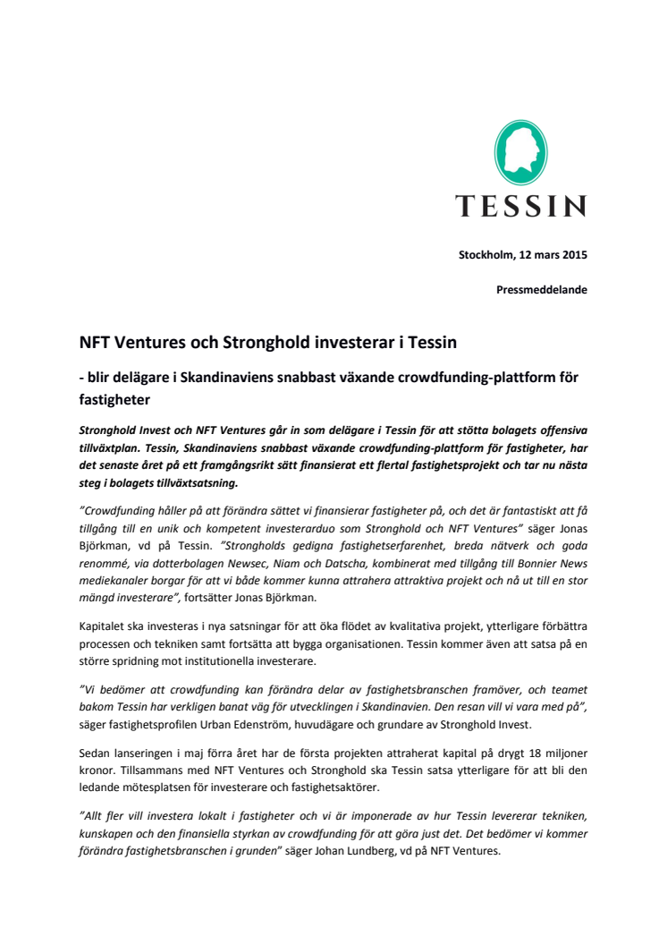 NFT Ventures och Stronghold investerar i Tessin - Skandinaviens snabbast växande crowdfunding-plattform för fastigheter