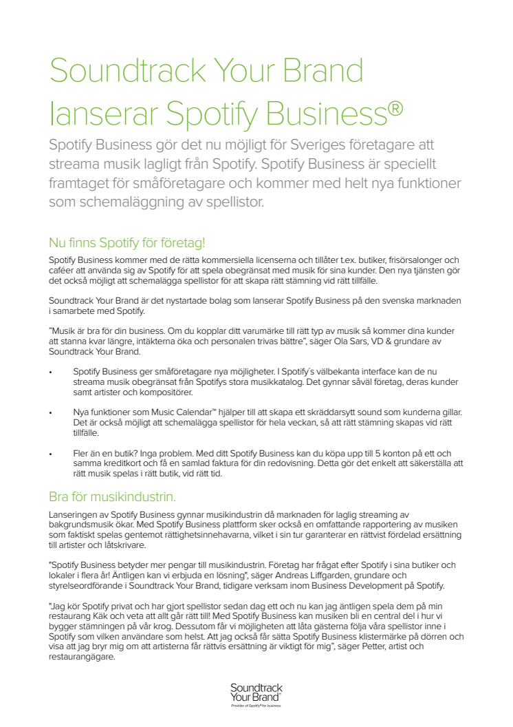 ​Soundtrack Your Brand lanserar Spotify Business