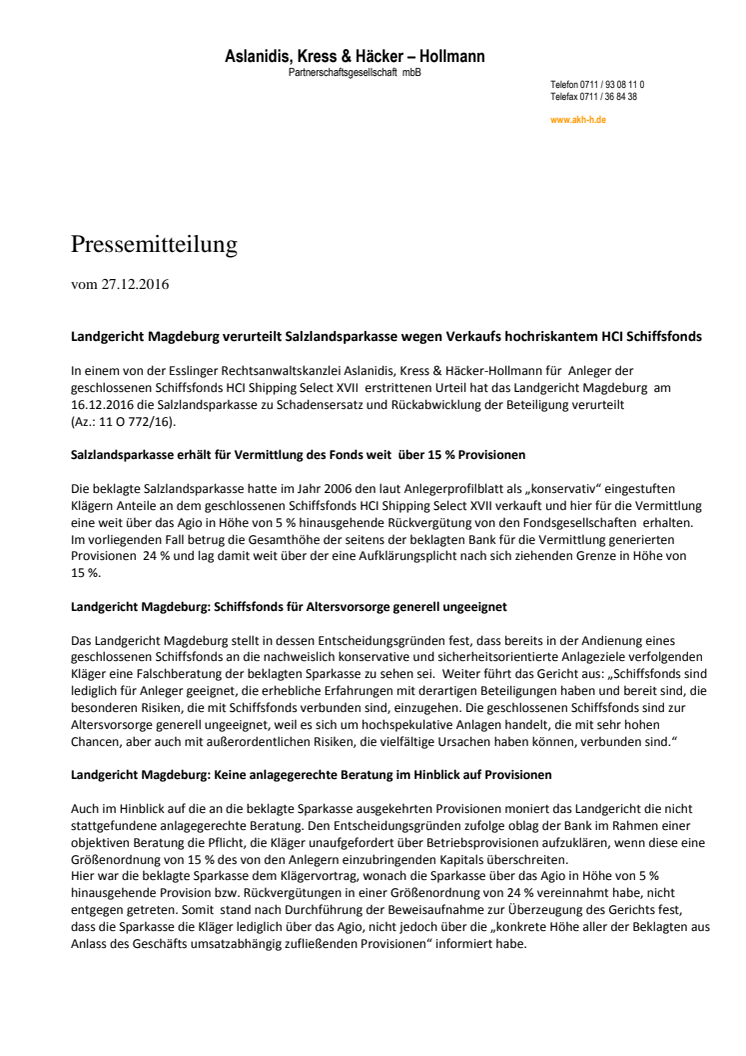 Landgericht Magdeburg verurteilt Salzlandsparkasse wegen Verkaufs hochriskantem HCI Schiffsfonds 