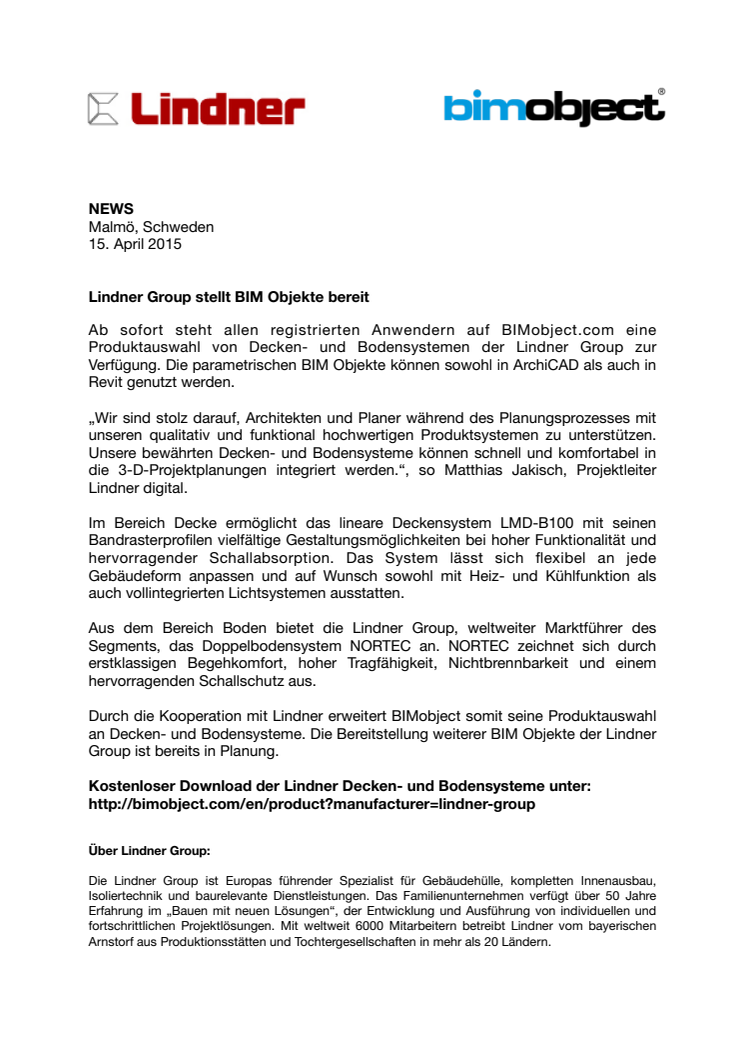 Lindner Group stellt BIM Objekte bereit