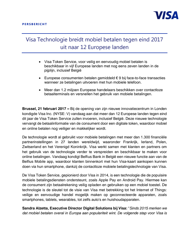 Visa Technologie breidt mobiel betalen tegen eind 2017 uit naar 12 Europese landen 