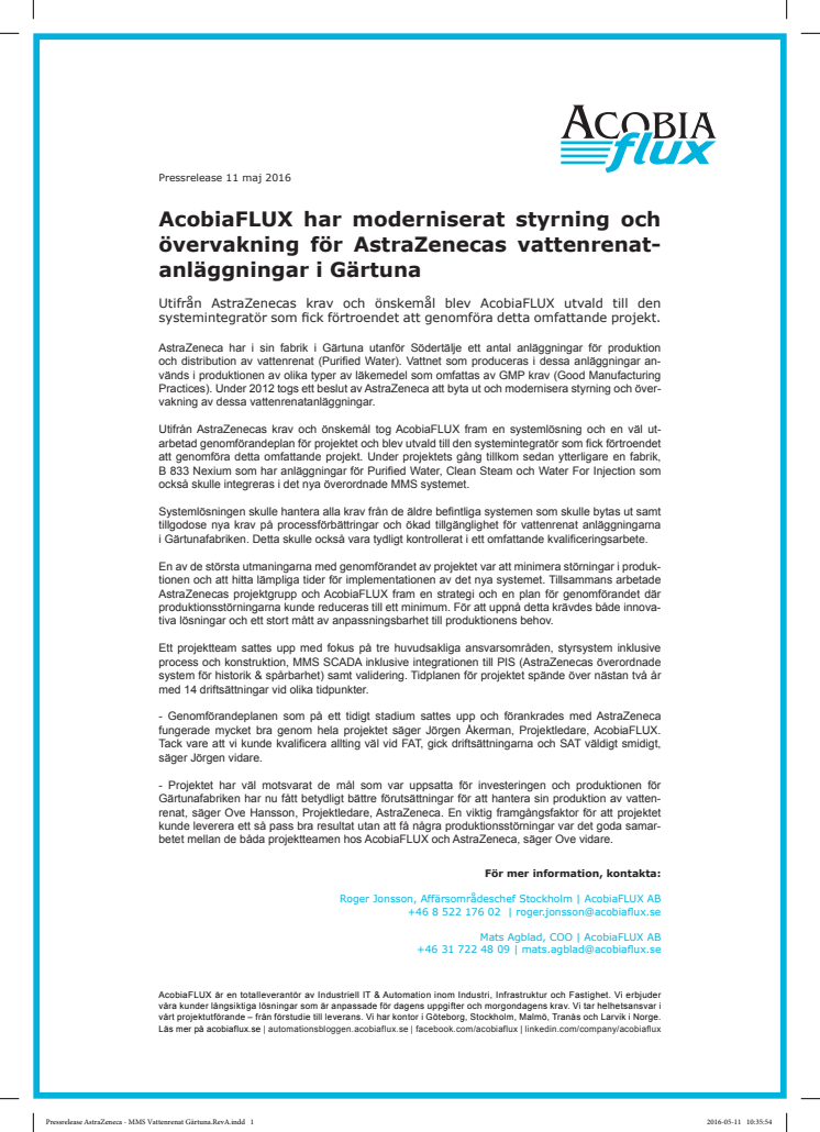 AcobiaFLUX har moderniserat styrning och övervakning för AstraZenecas vattenrenatanläggningar i Gärtuna
