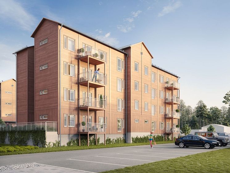 Brf Växthuset - 3D-bild av flerbostadshus och besöksparkering. 