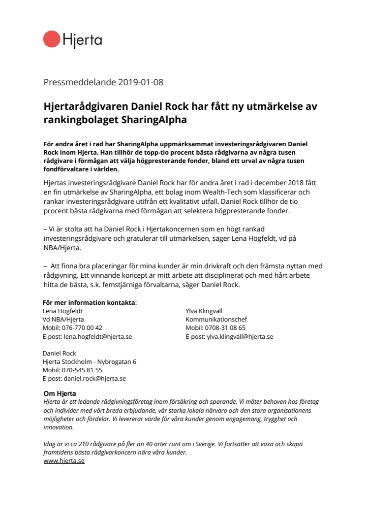 Hjertarådgivaren Daniel Rock har fått ny utmärkelse av rankingbolaget SharingAlpha  