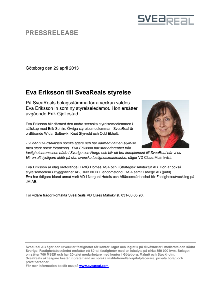 Eva Eriksson till SveaReals styrelse