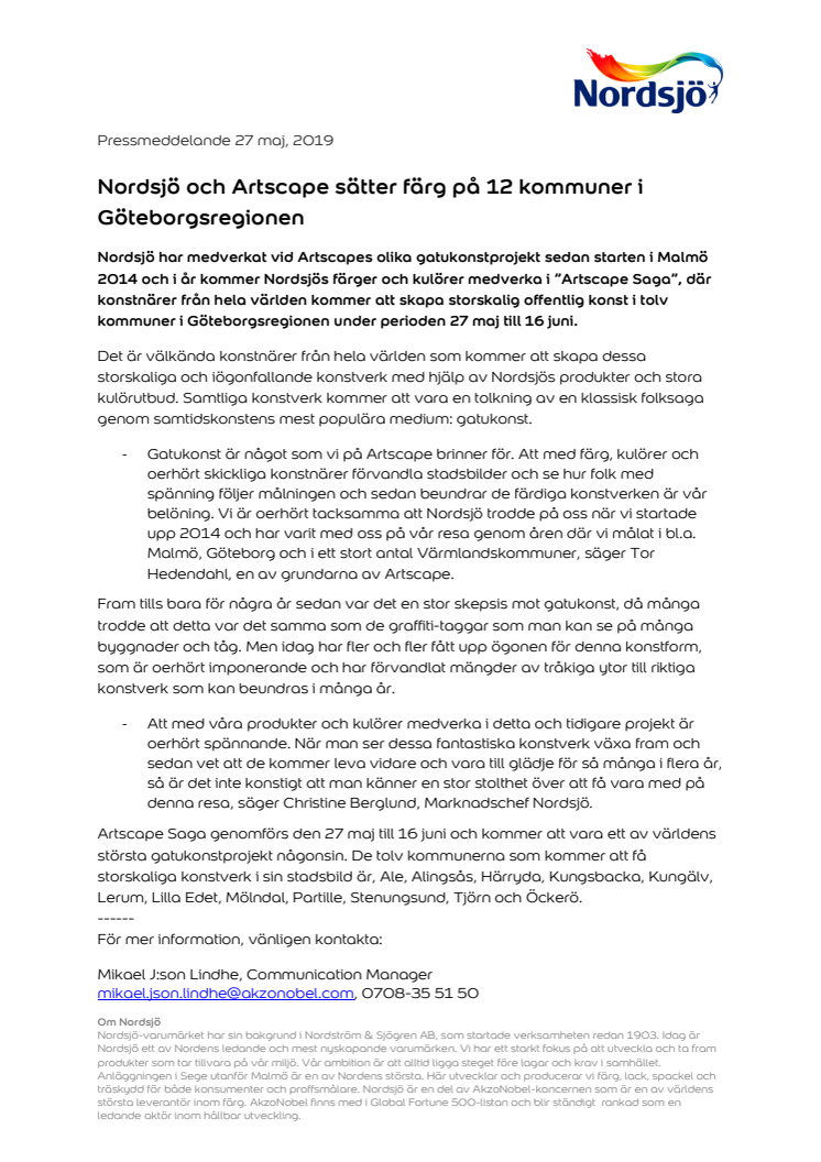 Nordsjö och Artscape sätter färg på 12 kommuner i Göteborgsregionen