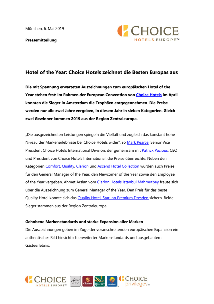 Hotel of the Year: Choice Hotels zeichnet die Besten Europas aus